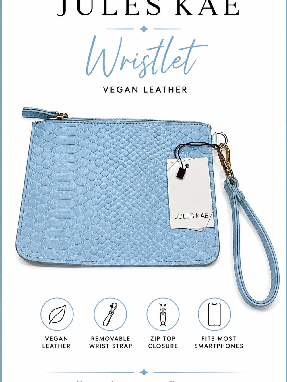 NWT Jules Kae Blue Embossed Snakeskin Vegan Leather Wristlet Clutch